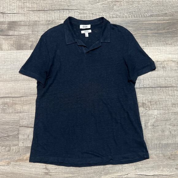 COS 100% Linen Short Sleeve Polo Womens Size Medium Navy Blue V Neck Top - Picture 1 of 7
